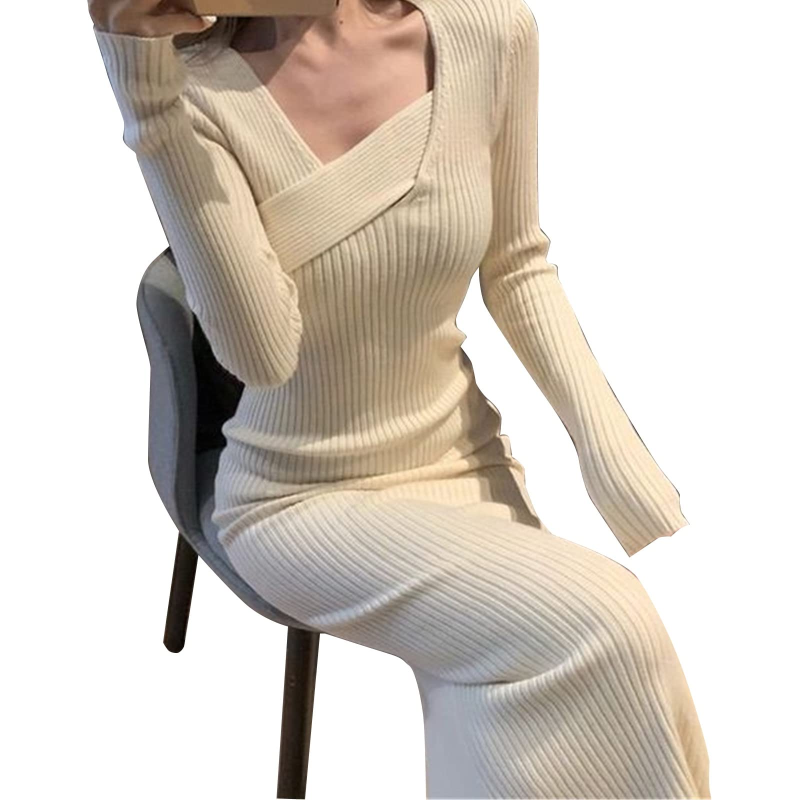 Amazon.co.jp: ニットワンピース ビンテージニットドレス女性長袖